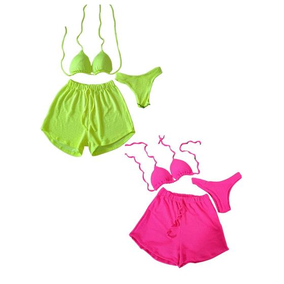 Imagem de Kit 2 Biquíni Com Short Malha Canelada Brilhante Premium - Praia