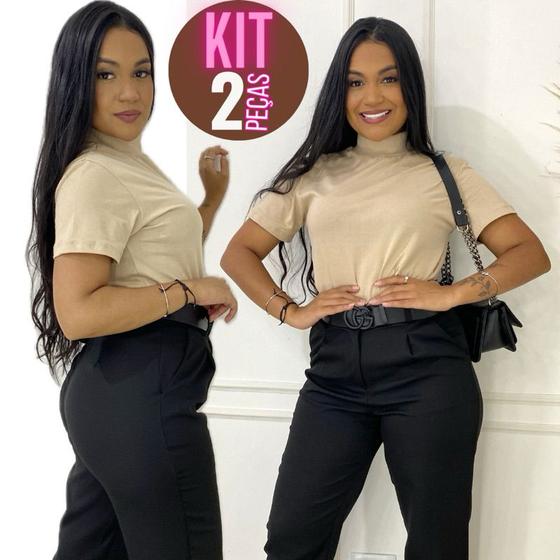 Imagem de Kit 2 Blusa Algodão Estilo Zara T-Shirt Feminina Básica Camiseta Lisa Gola Alta