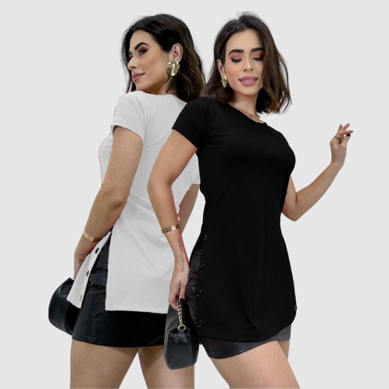 Imagem de Kit 2 Blusa Blusinha Alongada Manga Curta Canelada Botoes
