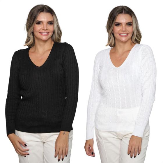 Imagem de Kit 2 Blusa Feminina Modal Tricot Traças Sueter Casual Frio