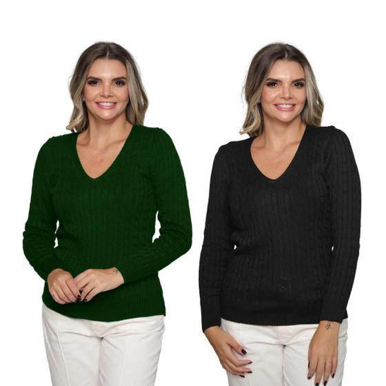 Imagem de Kit 2 Blusa Feminina Modal Tricot Traças Sueter Casual Frio