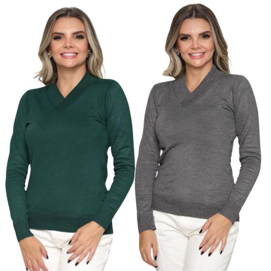 Imagem de Kit 2 Blusa Feminina Tricô Decote V Sueter Feminino Lã Liso