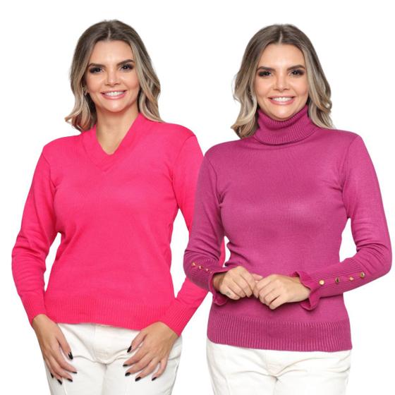 Imagem de Kit 2 Blusa Feminina Tricô Gola Alta Decote V Sueter Lá Liso