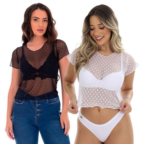 Imagem de Kit 2 Blusa Poá Manga Curtinha Tule Frimodas Transparente