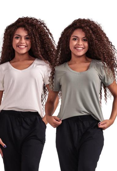 Imagem de Kit 2 Blusas Básicas Feminina Confortável Off White e Verde