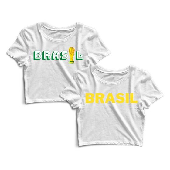 Imagem de Kit 2 Blusas Blusinha Cropped Tshirt Camiseta Feminina Brasil Taça Copa