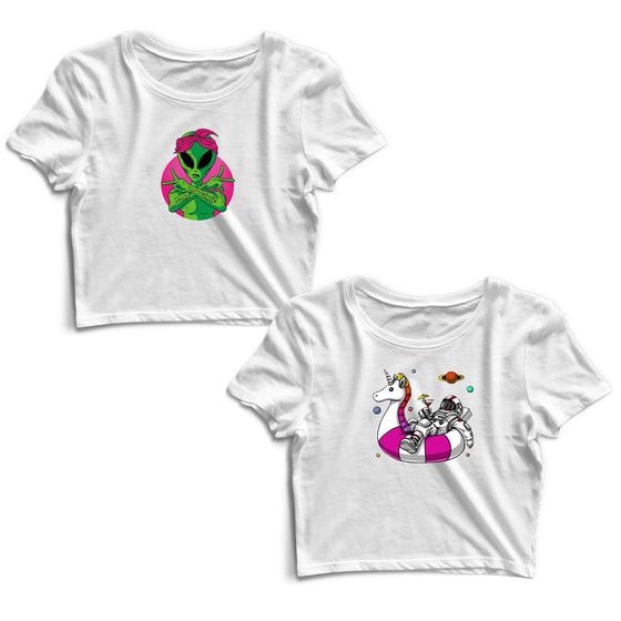 Imagem de Kit 2 Blusas Cropped Tshirt Feminina Alien e Astronauta Boia Unicórnio