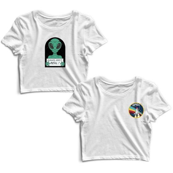 Imagem de Kit 2 Blusas Cropped Tshirt Feminina Alien Frases e Foguete Nasa