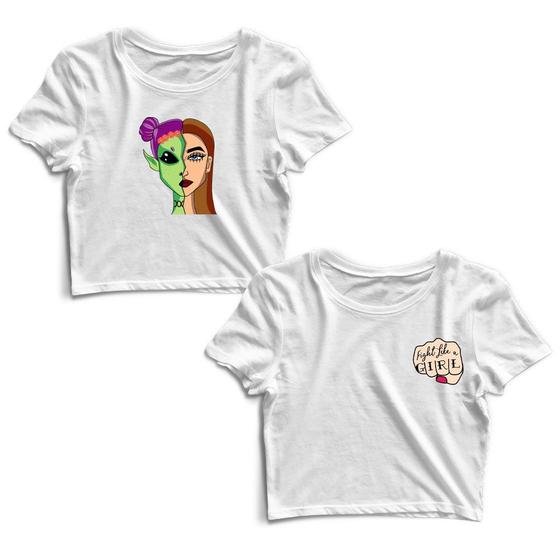 Imagem de Kit 2 Blusas Cropped Tshirt Feminina Alien Mulher e Mão Feminina Frases