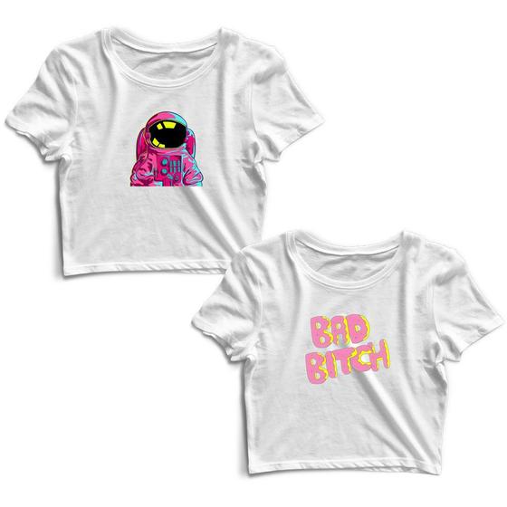 Imagem de Kit 2 Blusas Cropped Tshirt Feminina Astronauta Colorido e Bad Bitch