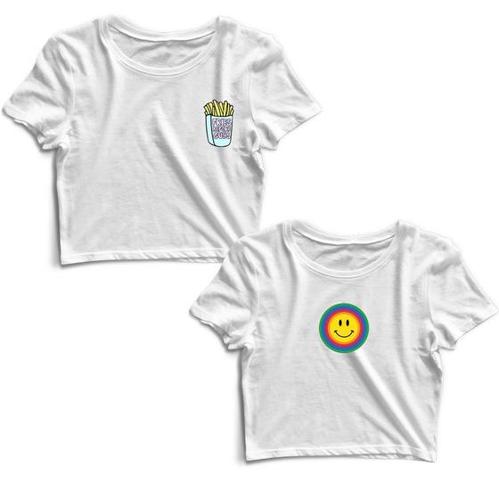 Imagem de Kit 2 Blusas Cropped Tshirt Feminina Batata Frita e Emoji Feliz