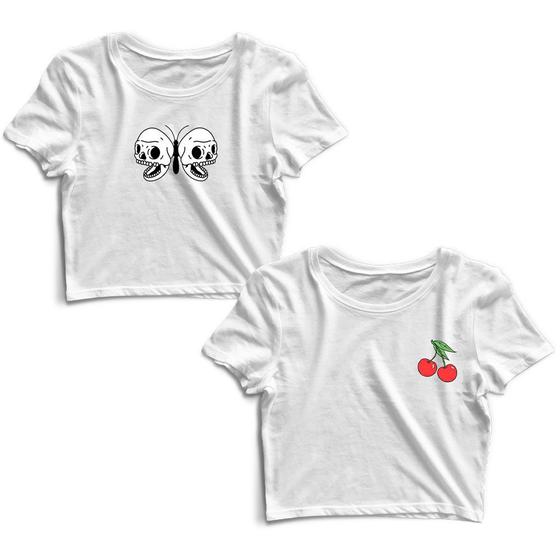 Imagem de Kit 2 Blusas Cropped Tshirt Feminina Borboleta Caveira e Cereja