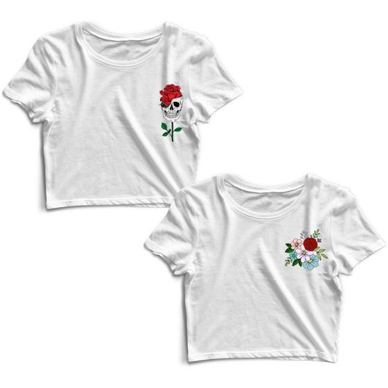 Imagem de Kit 2 Blusas Cropped Tshirt Feminina Caveira Flores e Flores