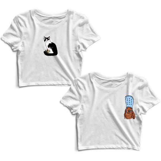 Imagem de Kit 2 Blusas Cropped Tshirt Feminina Gatinho e Cachorrinho