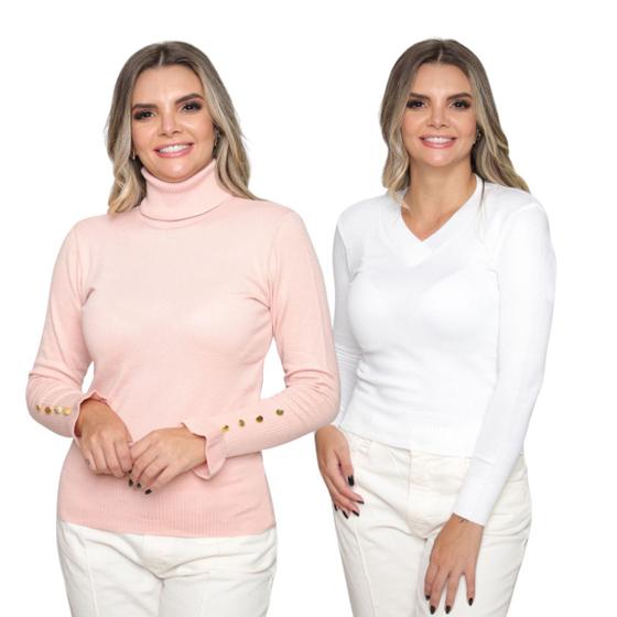 Imagem de Kit 2 Blusas Feminina de Tricô  Manga Longa Cacharrel Moda Inverno 