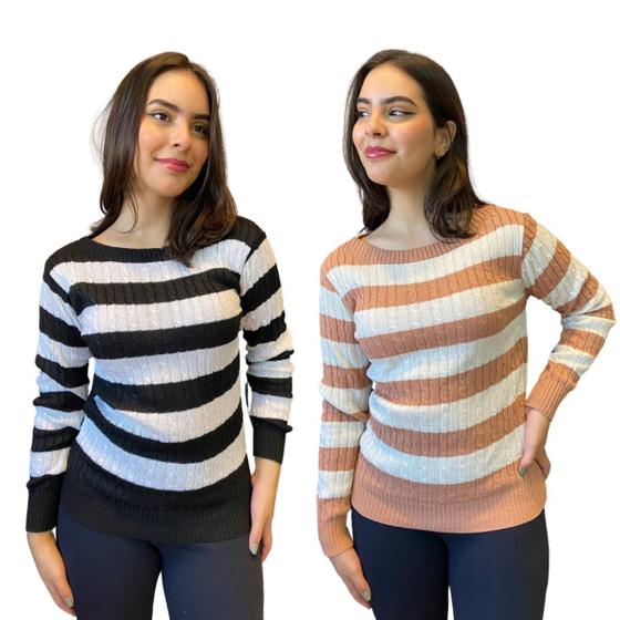 Imagem de Kit 2 Blusas Feminina Tricot Sueter Listrados Moda Inverno