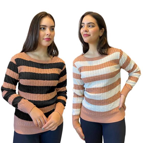 Imagem de Kit 2 Blusas Feminina Tricot Sueter Listrados Moda Inverno
