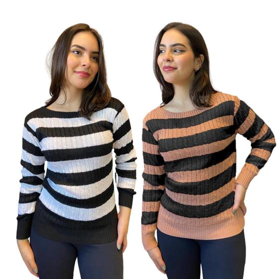 Imagem de Kit 2 Blusas Feminina Tricot Sueter Listrados Moda Inverno 