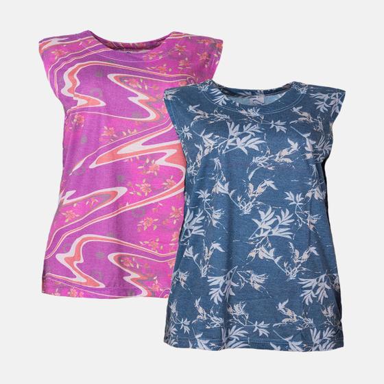 Imagem de Kit 2 Blusas Regata Estampada Feminina De Malha Gola Redonda