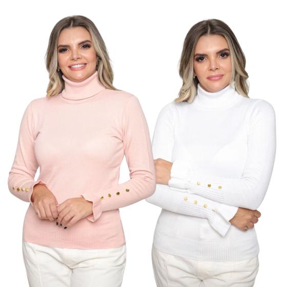 Imagem de Kit 2 Blusas Tricot Botão na Manga Moda Casual Inverno 2024