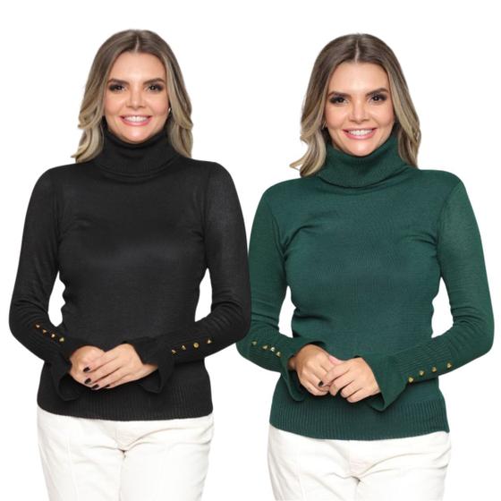 Imagem de Kit 2 Blusas Tricot Botão na Manga Moda Casual Inverno 2024