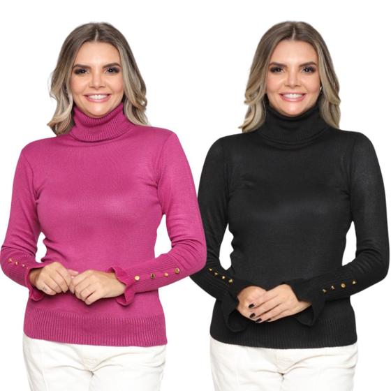 Imagem de Kit 2 Blusas Tricot Botão na Manga Moda Casual Inverno 2024