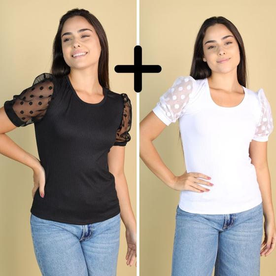 Imagem de KIT 2 Blusinha Manga Curta Bufante Tule Bolinha Feminina Canelada Moda Gringa Evangélica Verão Roupas Femininas