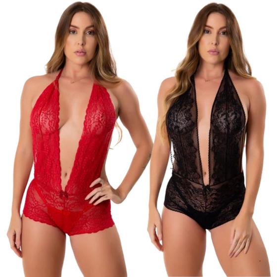 Imagem de Kit 2 Body Rendado Feminino Decotado Costa Nua Lingerie Moda Íntima Transparente Sensual Uma Alça