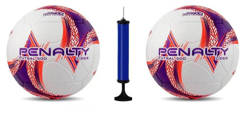 Imagem de Kit 2 Bolas Futsal Penalty Lider Roxo e Laranja + Bomba de Ar