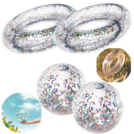 Imagem de Kit 2 Bolas Inflaveis com Glitter + 2 Boias Inflaveis com Glitter 80 Cm Mor