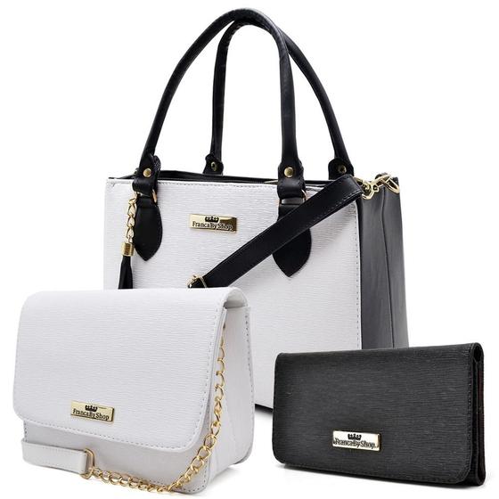 Imagem de Kit 2 Bolsas Branco e Preto Feminina Baú e Baladinha Transversais + Carteira