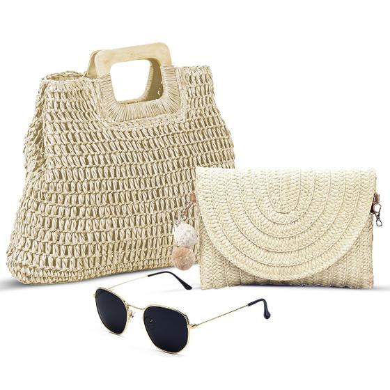 Imagem de Kit 2 Bolsas de Palha Feminina Com Alça Transversal Grande e Pequena + Óculos de Sol com Proteção UV