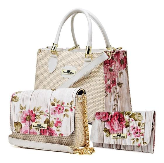 Imagem de Kit 2 Bolsas Floral Feminina Baú e Baladinha Transversais + Carteira