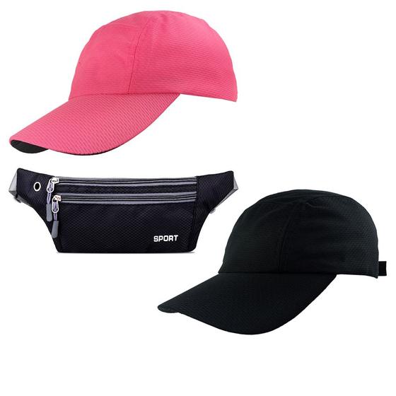 Imagem de Kit 2 Bonés Esportivo Liso Preto, Rosa Neon E 1 Pochete Ultra Slim Com 3 Bolsos Ideal Para Corrida, Caminhada