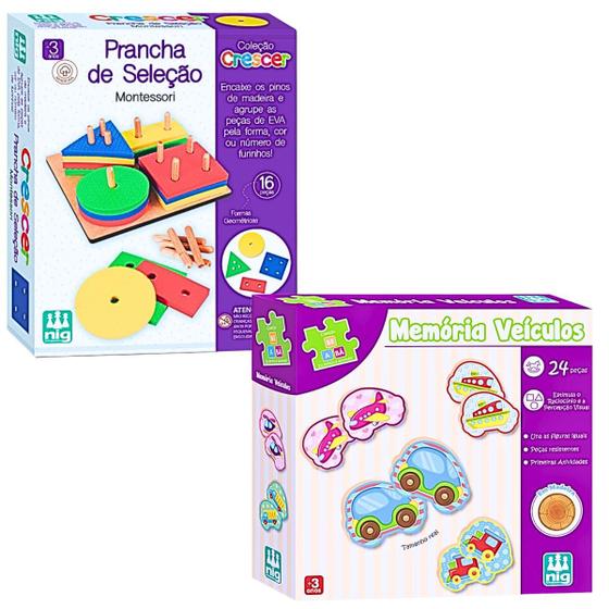 Imagem de Kit 2 Brinquedo Didatico Prancha De Seleção Interativa Para Coordenação Motora Peças De Encaixar E Jogo Da Memória Veícu