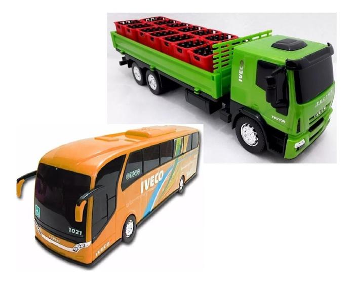 Imagem de Kit 2 Brinquedo Meninos Miniatura - Ônibus Iveco + Caminhão Iveco Tector Delivery Bebidas - Usual