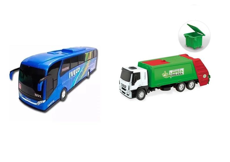 Imagem de Kit 2 Brinquedos Infantil Miniatura - Ônibus Iveco + Caminhão Coletor De Lixo Reciclagem Iveco Usual