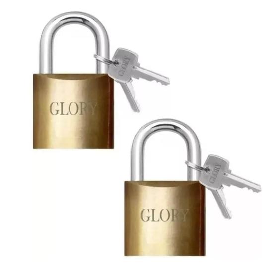 Imagem de Kit 2 Cadeado Grande 50mm Latão Maciço com 3 Chaves Dourado Resistente