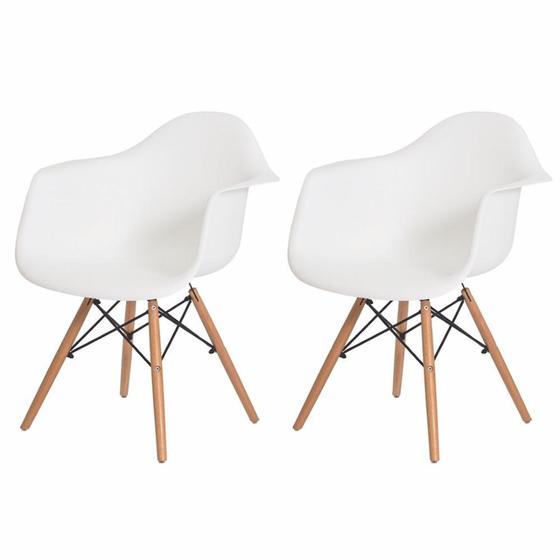 Imagem de Kit 2 Cadeiras Charles Eames Eiffel Com Braço Branca Base Madeira