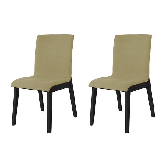 Imagem de Kit 2 Cadeiras de Jantar Diamante Estofada em Veludo Bege Base Madeira Maciça Preto