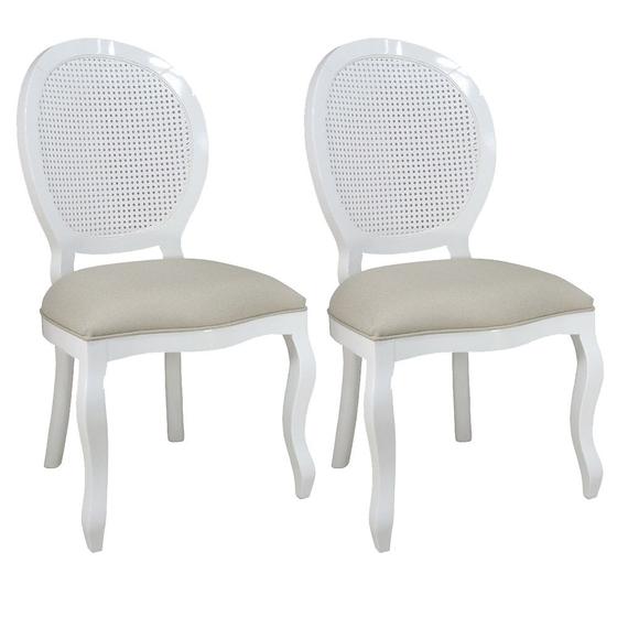Imagem de Kit 2 Cadeiras de Jantar Medalhão com Tela Branco e Linho Bege