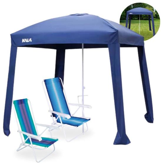 Imagem de Kit 2 Cadeiras de Praia 4 Posicoes Aco + Guarda Sol Modelo Cabana Gazebo 2,2 X 2,2 M