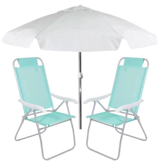 Imagem de Kit 2 Cadeiras de Praia Alta Dobravel + Guarda-sol 2 M Branco  Bel 