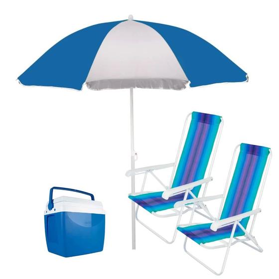 Imagem de Kit 2 Cadeiras de Praia + Guarda-sol Branco e Azul + Caixa Termica 18lts  Mor 