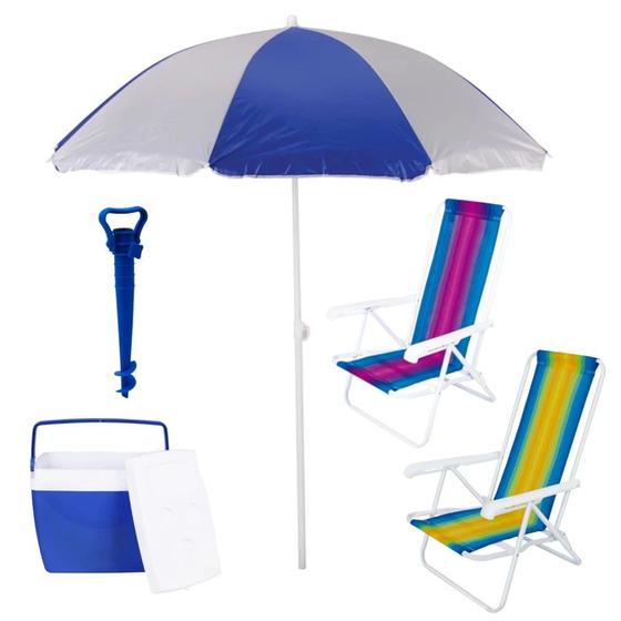 Imagem de Kit 2 Cadeiras de Praia + Guarda-sol + Caixa Termica 26lts + Saca Areia  Mor 