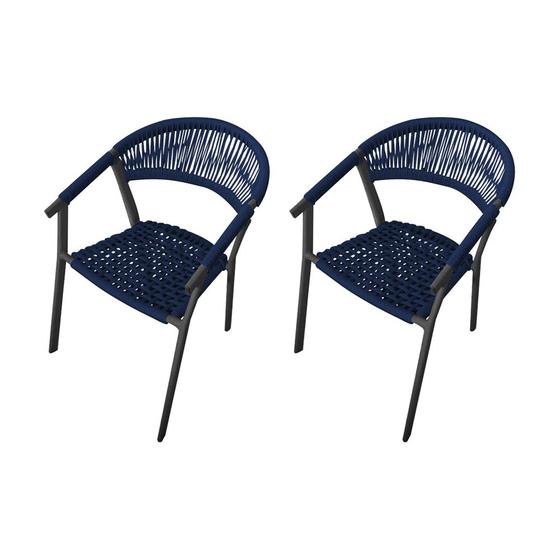 Imagem de Kit 2 Cadeiras Decorativa Joana em Corda Náutica e Base em Alumínio Preta / Azul Marinho