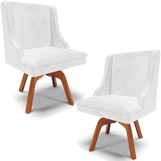 Imagem de Kit 2 Cadeiras Decorativas Sala de Jantar Base Giratória de Madeira Firenze PU Branco Brilho/Natural G19 - Gran Belo