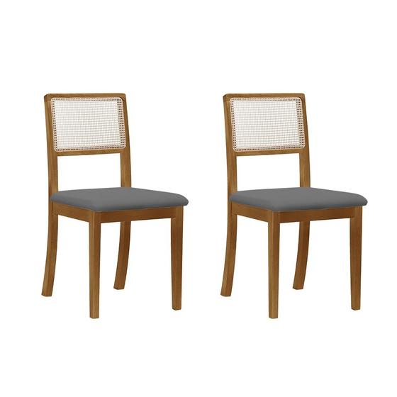 Imagem de Kit 2 Cadeiras Estofadas Tecido Veludo Cinza Encosto em Tela Sextavada Rubi Madeira Maciça Castanho