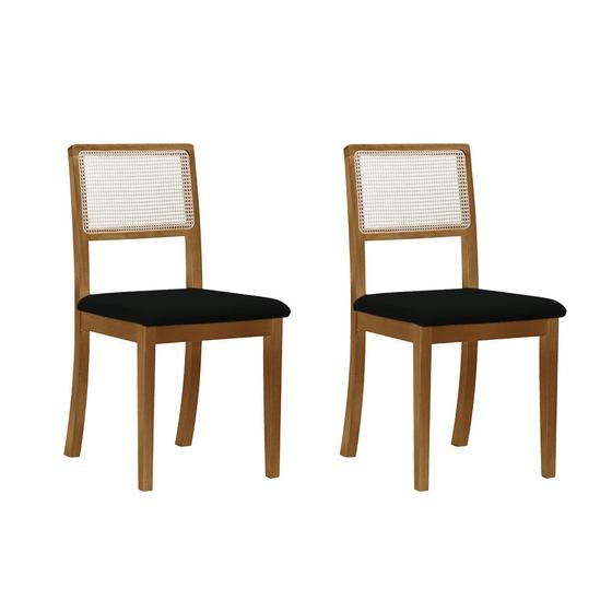 Imagem de Kit 2 Cadeiras Estofadas Tecido Veludo Preto Encosto em Tela Sextavada Rubi Madeira Maciça Castanho