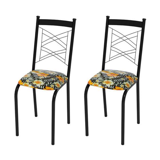 Imagem de Kit 2 Cadeiras Laura Estofado Floral Hibisco Amarelo para Sala de Jantar Aço Preto